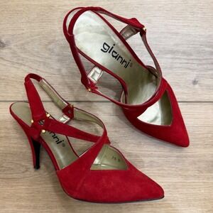 Y2K Red Suede Pointed Toe Slingback Strappy Stiletto Heels Color Pop 7.5 Vintage